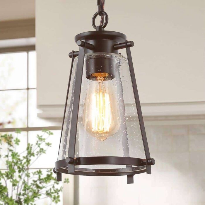 Modern Farmhouse 1-Light Oil-Rubbed Bronze Mini Pendant Light with Bell-Seeded Glass Shade Kitchen Island Foyer Lantern